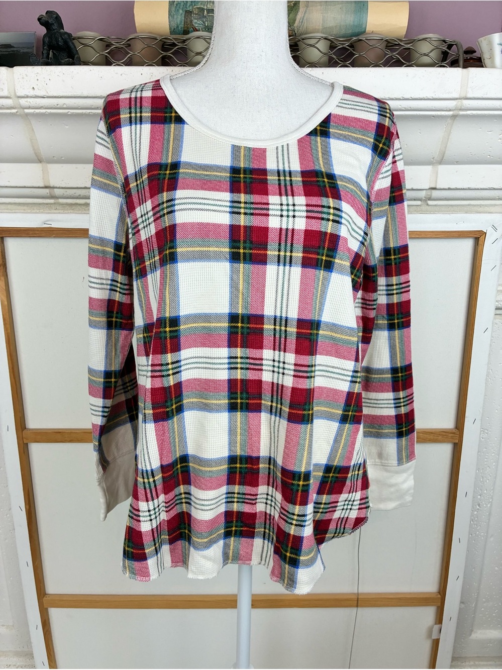 Plaid Tartan Cozy Crewneck waffle knit thermal Top NWOT